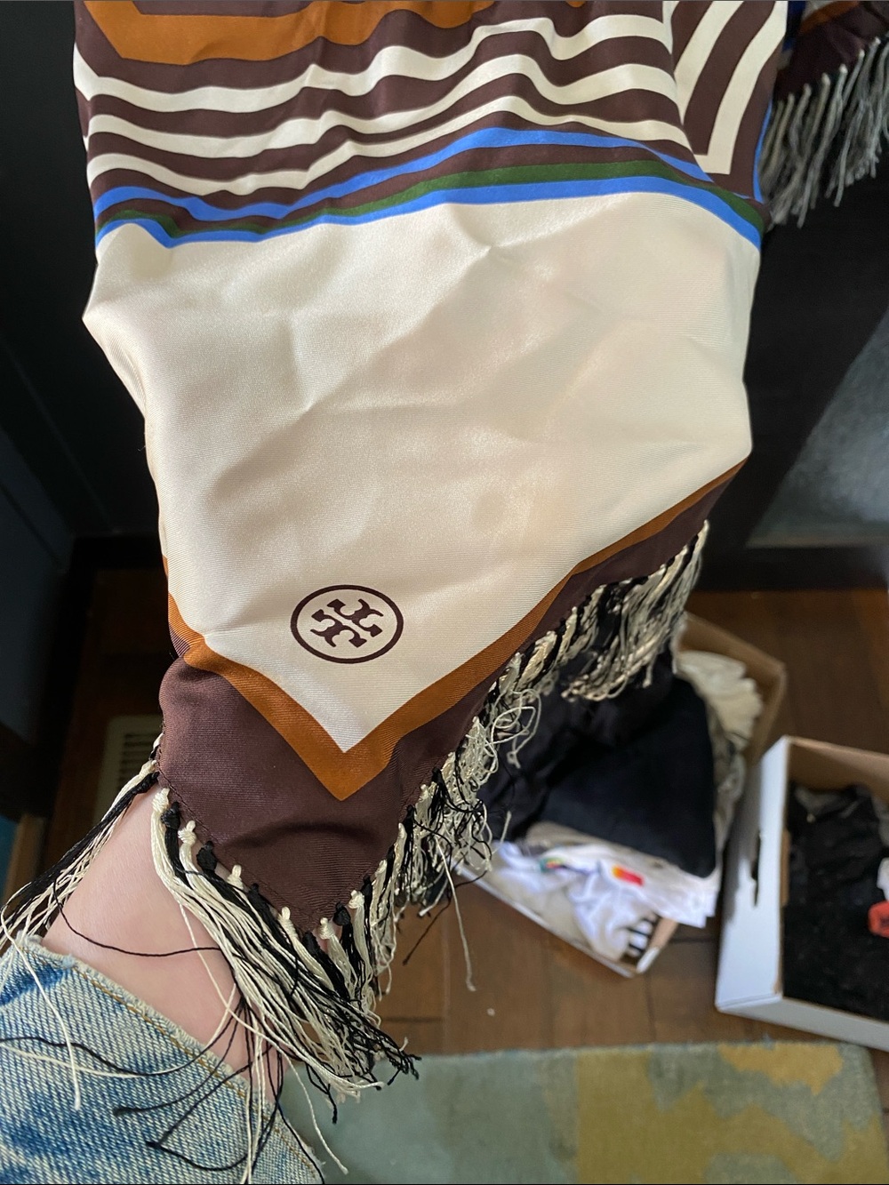 Tory Burch Striped Scarf Fringe Dress 287 Fret Silk Square Size 4 - Picture 2 of 5